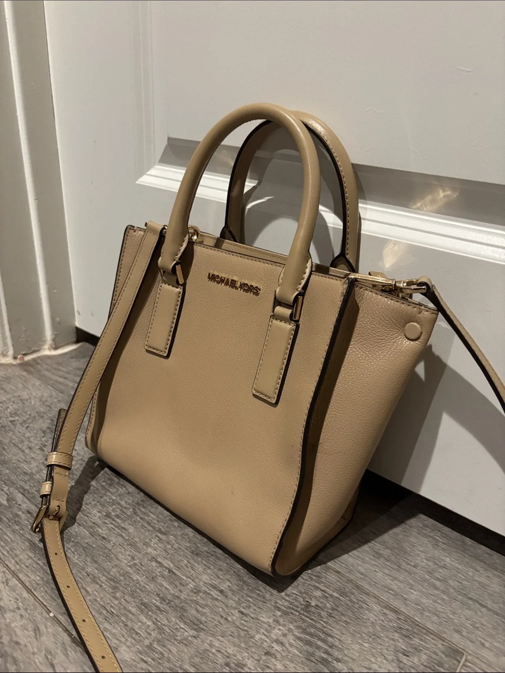 Michael Kors Taupe Leather Satchel with Gold-Tone Hardware